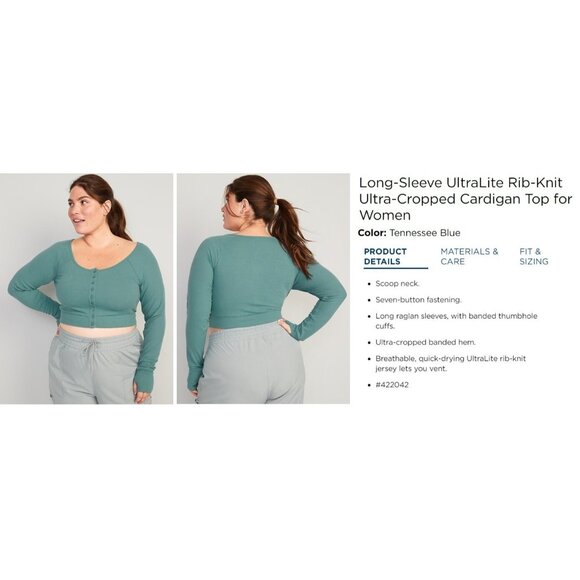 Old Navy Ultralite Ribbed Cardigan Top Plus Size 3X Cropped Tennessee Blue GoDry - Picture 2 of 9